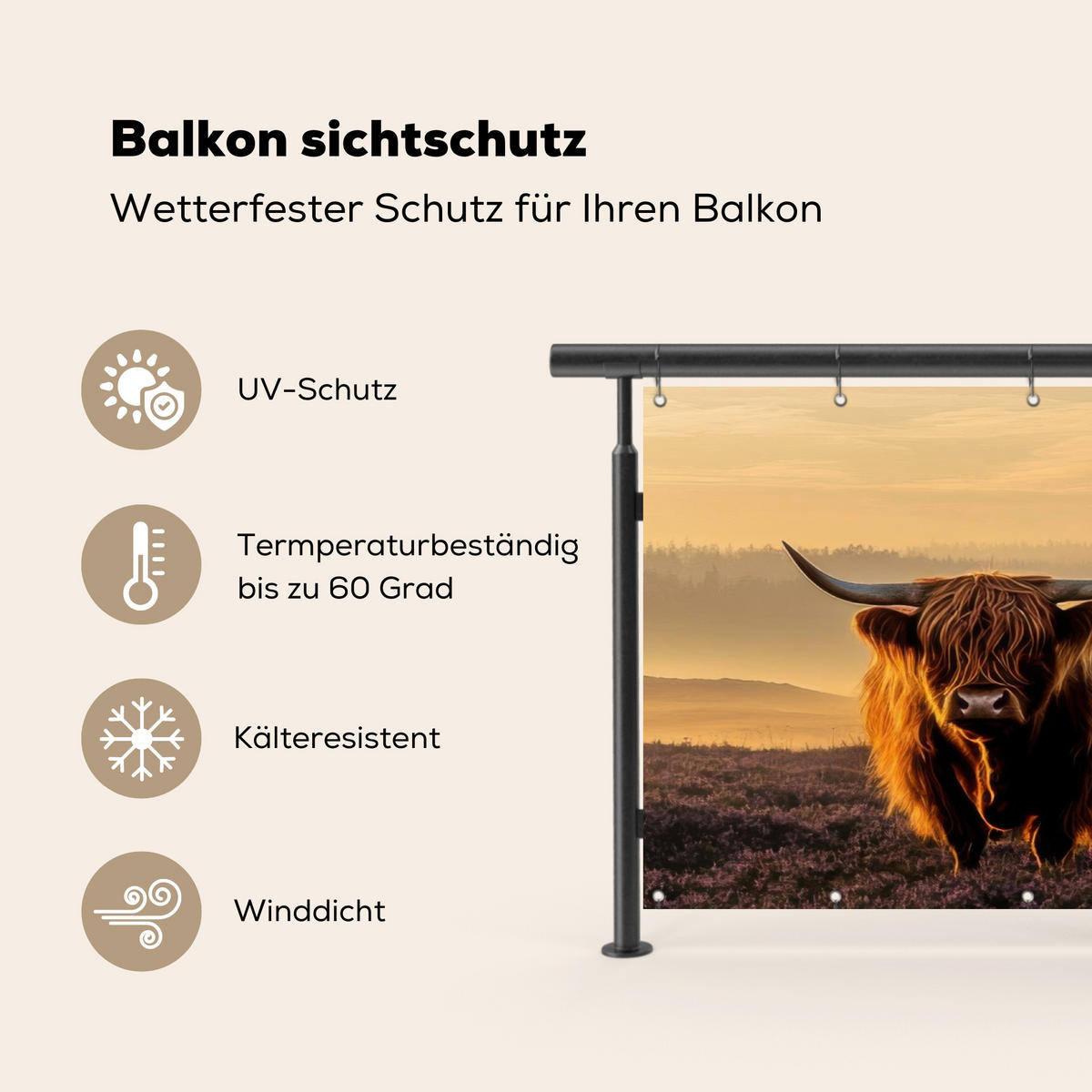 BALKON-SICHTSCHUTZ Schottische Hochlandbewohner - Heide - Landschaft - Tiere - Cognac, Kunststoff (300/120cm) - MuchoWow