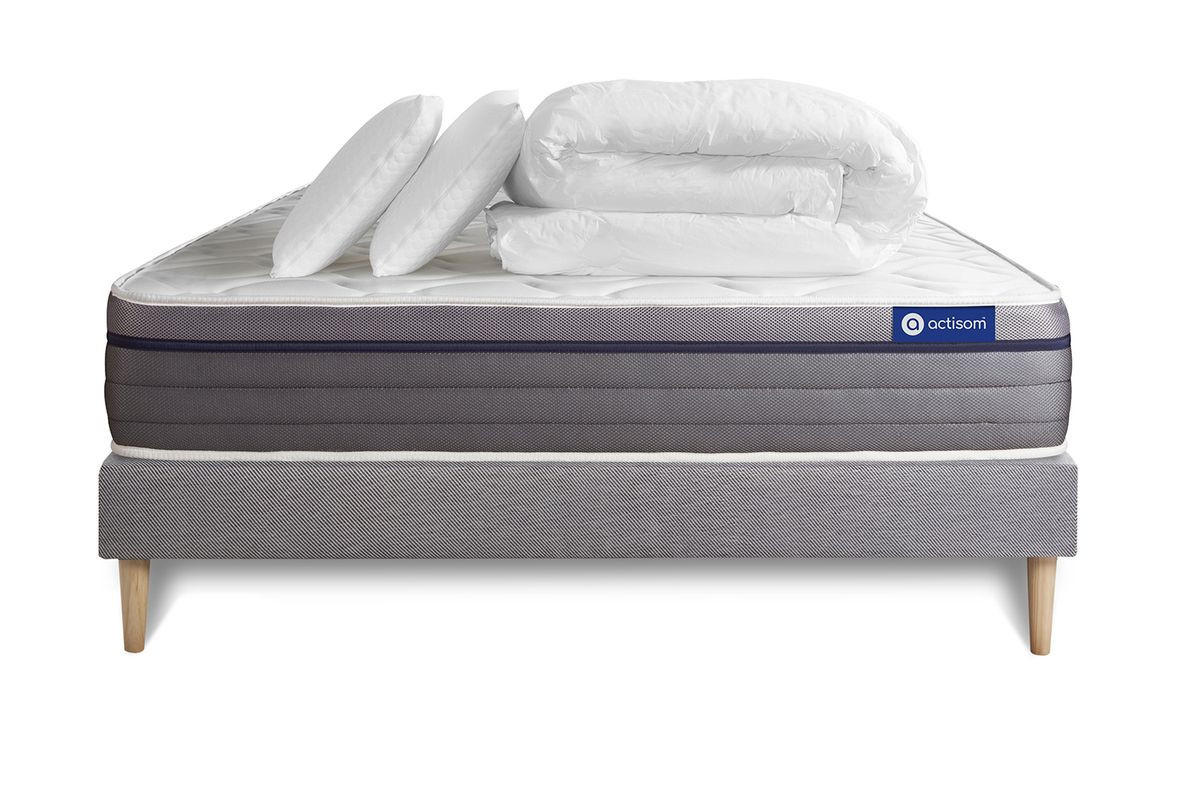 BETT Actimemo zen Memory-Schaum 160 x 200 cm h1 - Kit Bettgestell Grau - Mit Kissen und Bettdecke - Beige/Grau, Karton/Holz (160/200cm) - ACTISOM