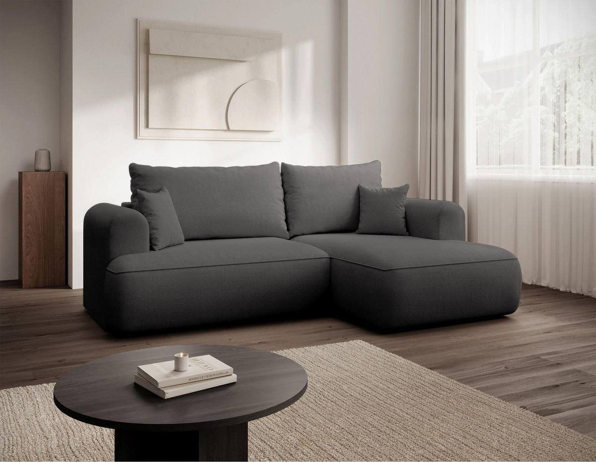ECKSCHLAFSOFA Ovo Mini Dunkelgrau Easy-Clean-Chenille-Bezug - Dunkelgrau/Schwarz, Kunststoff/Textil (156/238cm) - Selsey