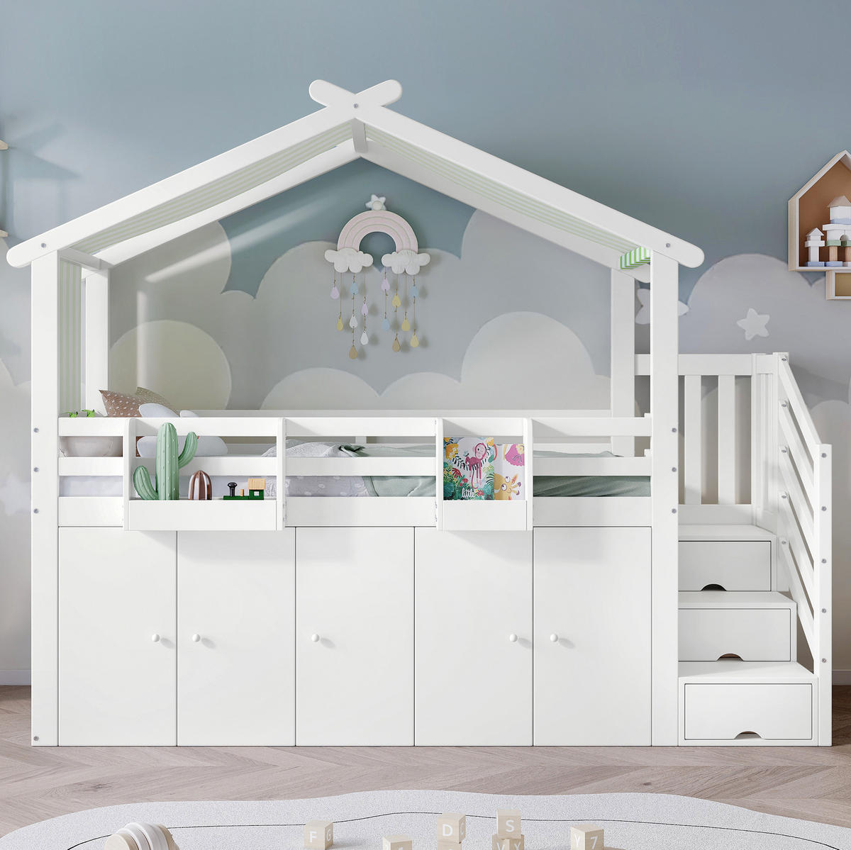HAUSBETT 90/200 cm Weiß/Grün mit Stauraumtreppe und Kleiderschrank - Weiß, Holz (90/200cm) - Flora Grace