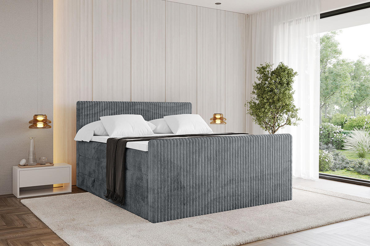 BOXSPRINGBETT mit Matratze H3|H4 und Lattenrost - TOLO-Z KING 200x200 Cord - Dunkelgrau - Dunkelgrau, Holzwerkstoff (200/200cm) - ALTDECOR