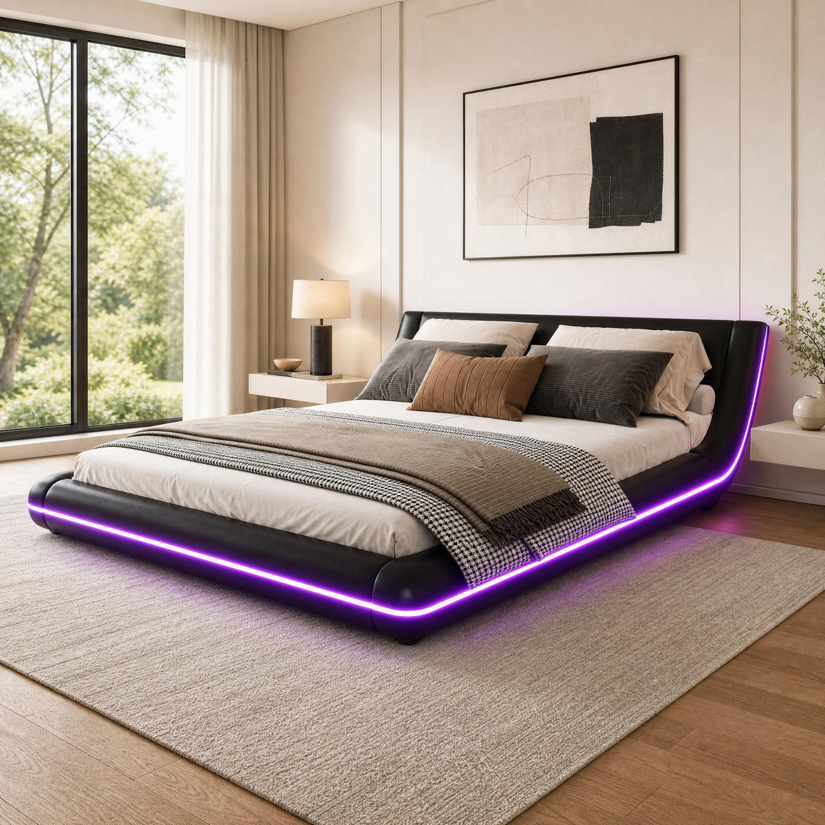 POLSTERBETT 160/200 mit PU, LED-Ambientebeleuchtung und MDF in Schwarz - Schwarz, Holzwerkstoff/Textil (160/200cm) - EVRYAE