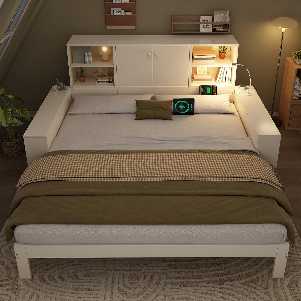 BETT 90/200 mit Ausziehbett, Stauraum, USB/USB-C und Leselicht in Weiß - Weiß, Holzwerkstoff (90/200cm) - EVRYAE