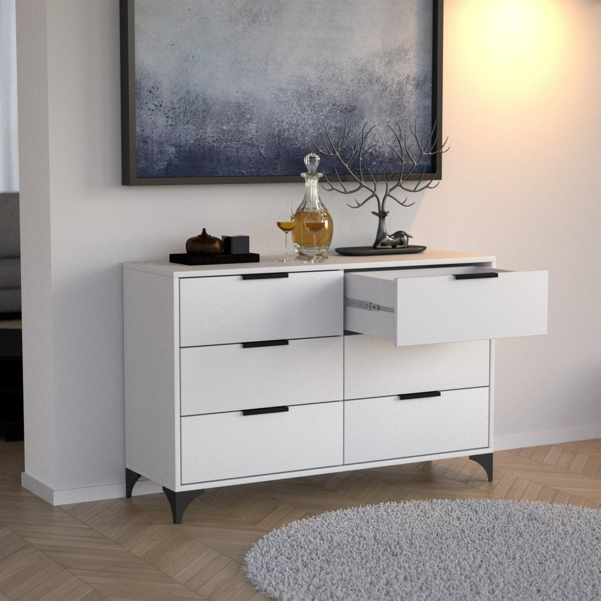 KOMMODE Home mit 6 Schubladen, 120 cm, mit Griffen, Weiß - Schwarz/Weiß, Holzwerkstoff (120/80/40cm) - Beautysofa