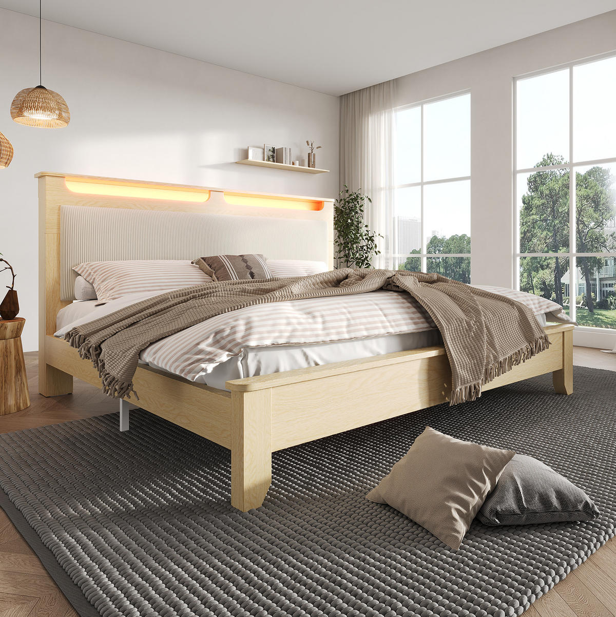 POLSTERBETT aus Holz und Cord 180x200 cm Eichefarben/Beige mit LED-Kopfteil, Stauraum und Lattenrost - Beige, Textil (180/200cm) - Modfu