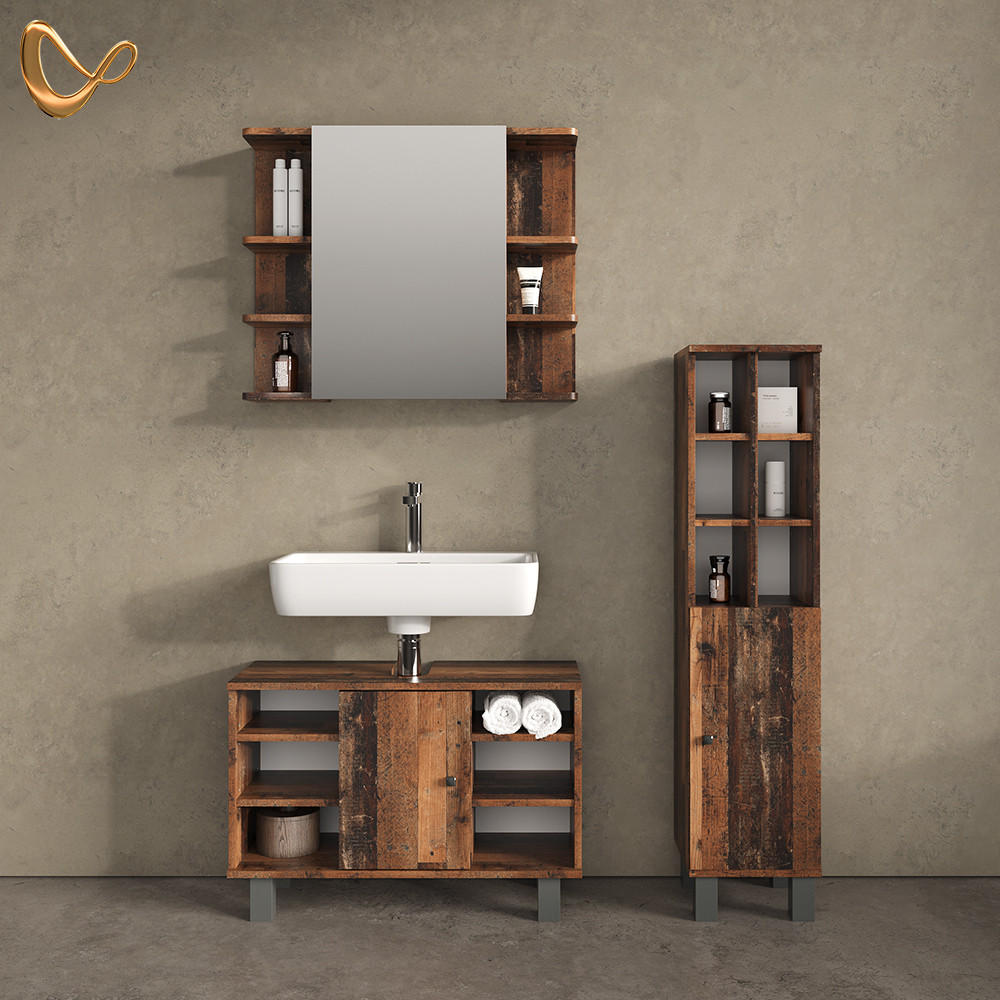 BADMÖBEL-SET Fucino Eiche rustikal 3 Teile, mit Midischrank Tür groß - Wildeiche, Holzwerkstoff (80/54/32cm) - Livinity®