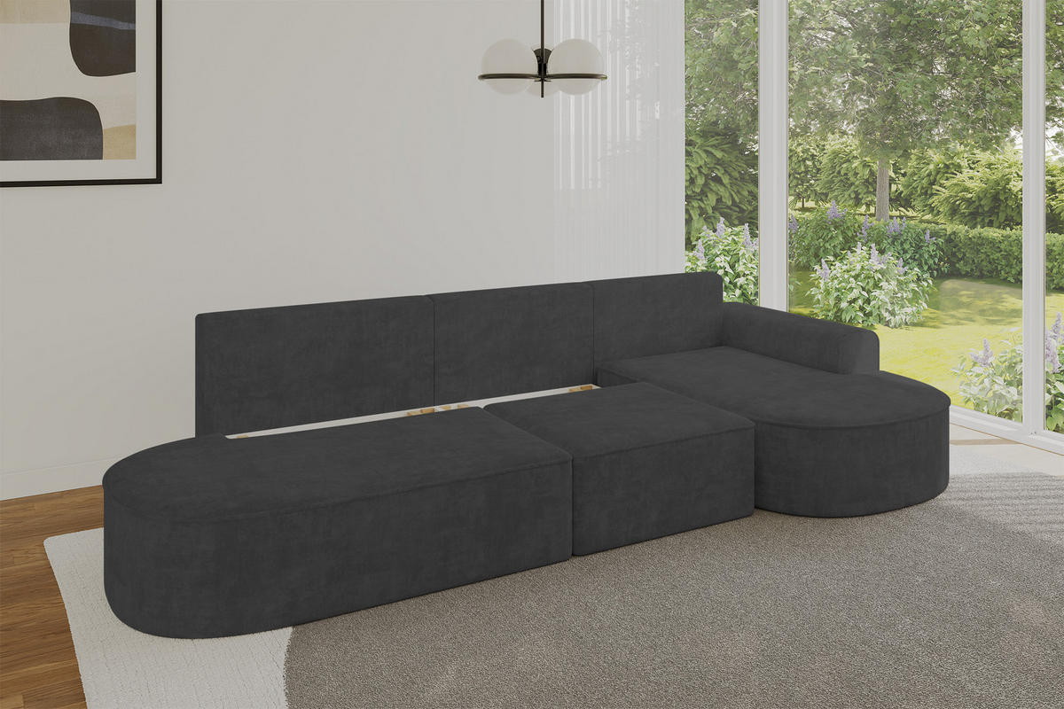 ECKSOFA mit Schlaffunktion Ottomane RECHTS MARI L2-S 368X167X85 Dunkelgrau Velours - Dunkelgrau/Schwarz, Holzwerkstoff/Kunststoff (167/368cm) - ALTDECOR