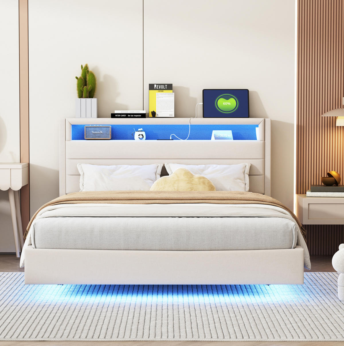 ČALÚNENÁ posteľ z látky 140x200 cm béžová s USB portom, LED osvetlením a úložným čelom - béžová, textil (140/200cm) - Modfu