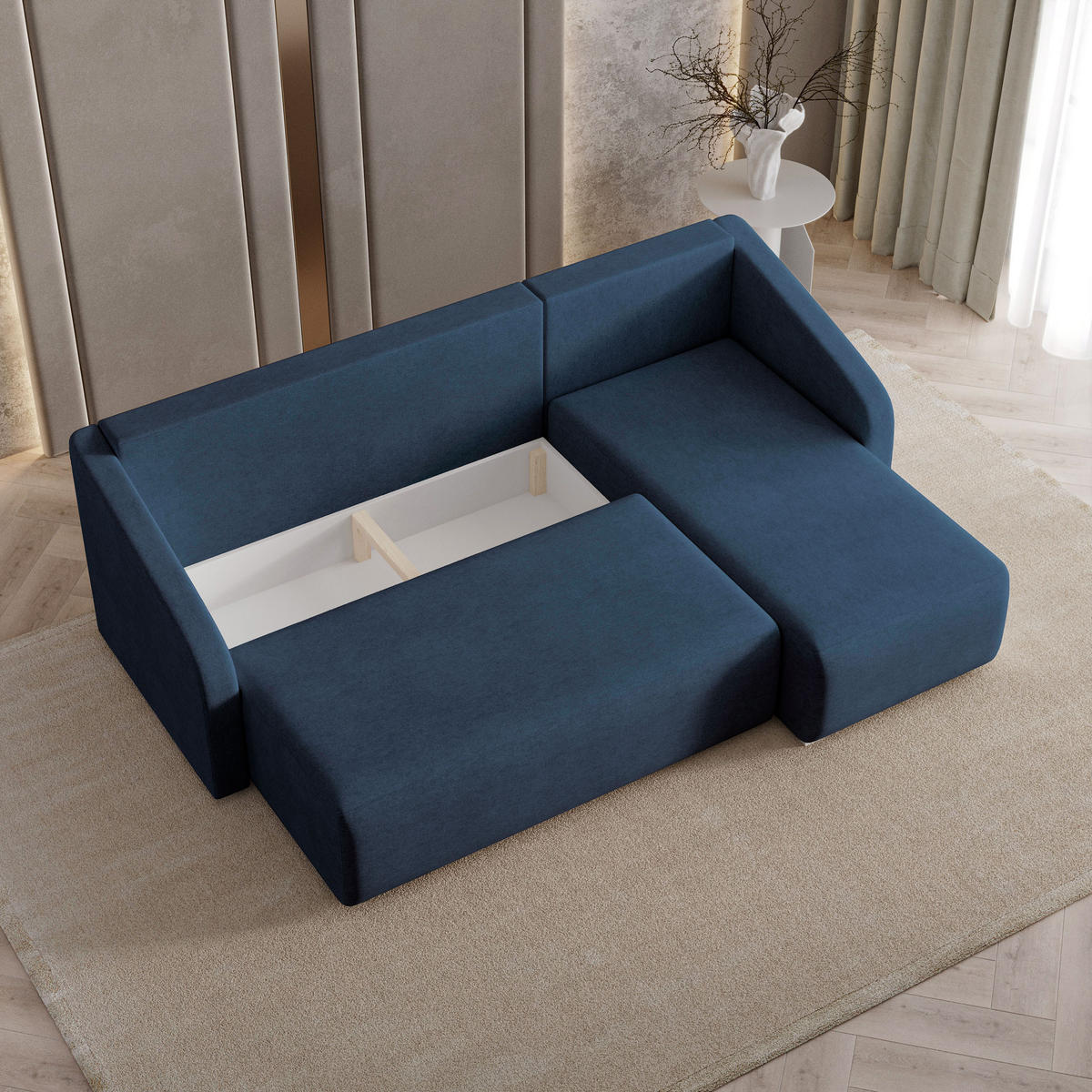ECKSOFA MARELLO Blau Geflochtener Stoff mit Schlaffunktion - Blau, Holz (220/143cm) - MASSENO