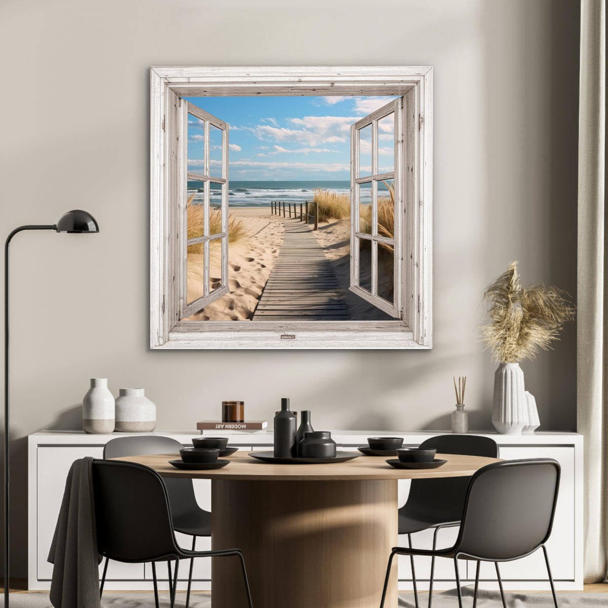 KOVOVÝ OBRAZ Okno - more - pobrežie - príroda - výhľad - pláž - Waddenské more 90x90 cm - béžová, kov (90/90cm) - MuchoWow