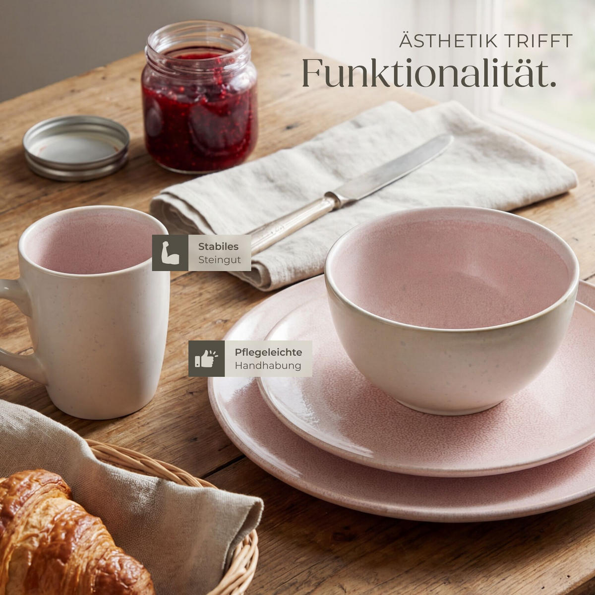 KOMBISERVICE Mare, ineinander stapelbar, rosa - Rosa, Keramik (26.5/2.5/26.5cm) - tectake