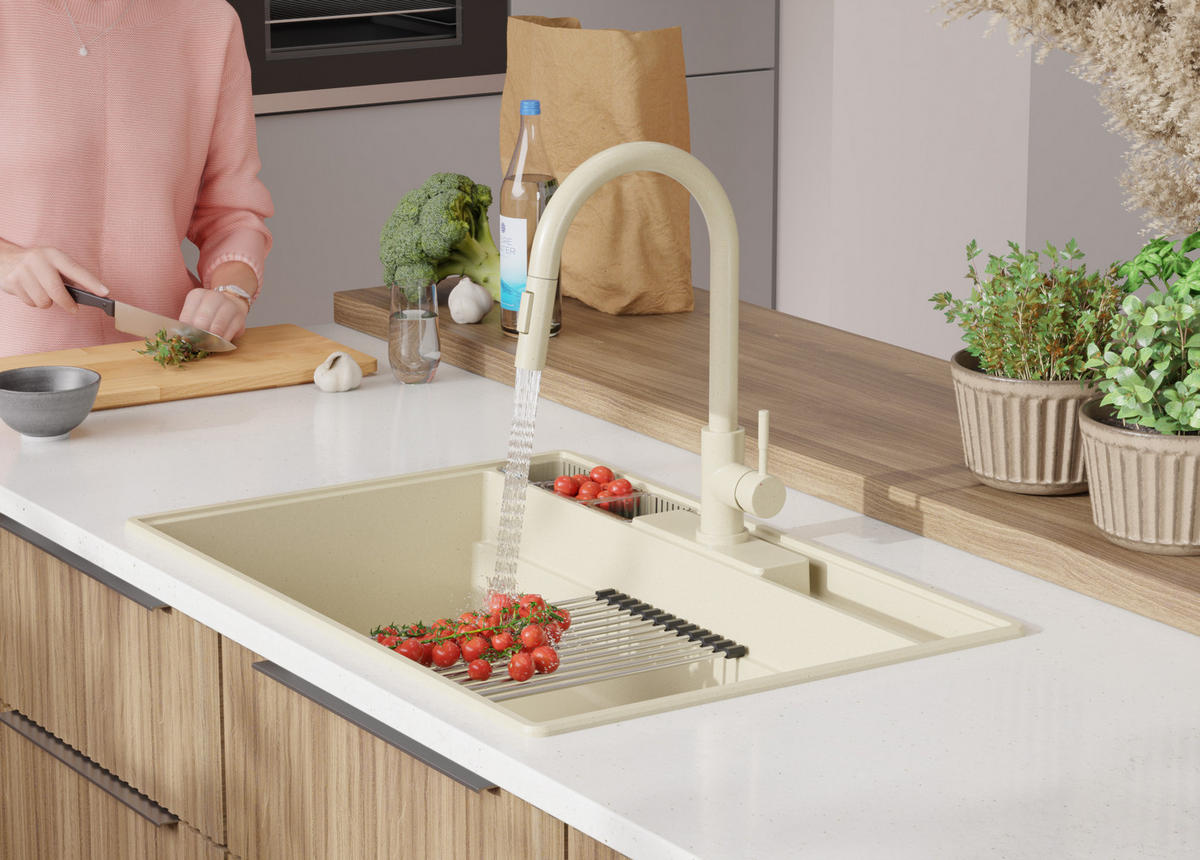 GRANITSPÜLE New York, 2-er set Beige 78/53 cm 1 Becken + Küchenarmatur 32/20 cm + Ablauf-Set + Küchenzubehörset ab 80er Unterschrank - Chromfarben/Beige, Kunststoff (78/20/53cm) - Primagran