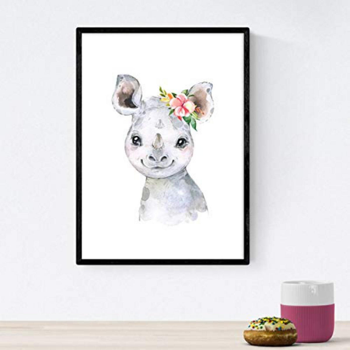 POSTER Set mit 4 Girafa Affe Nashorn und Erdmännchen A4 Schwarzer Rahmen - Schwarz, Papier (29.7/3cm) - Nacnic