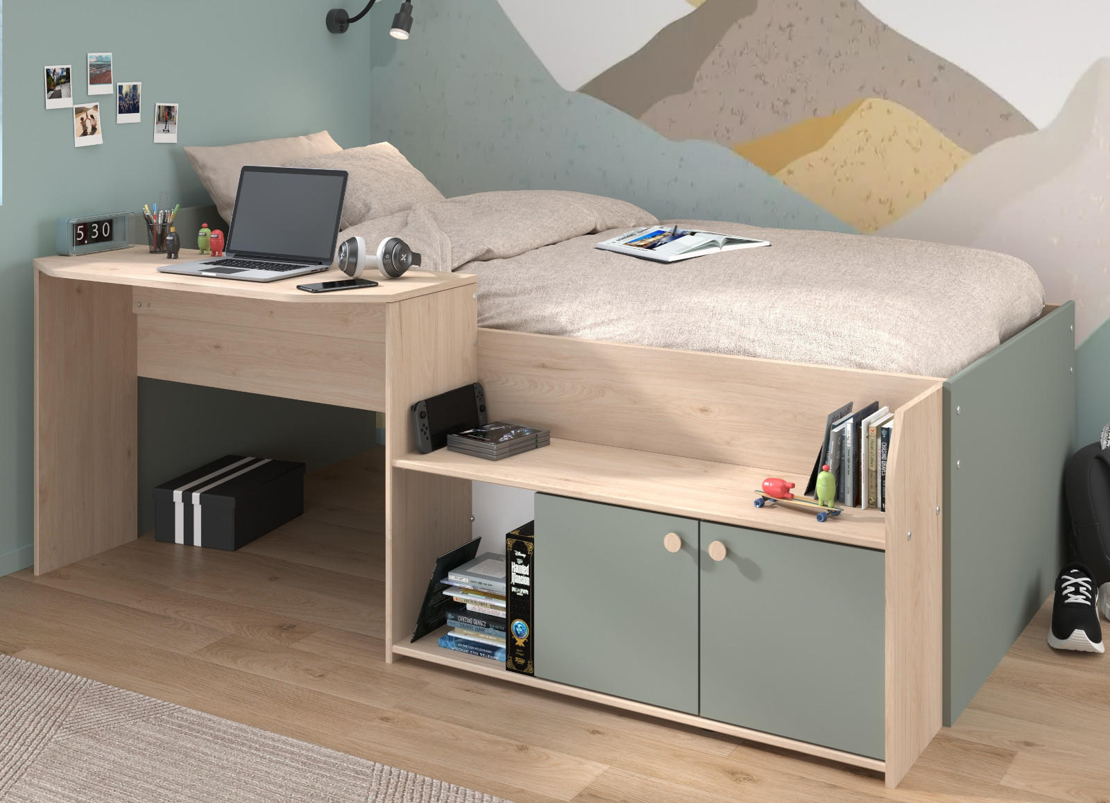 HOCHBETT Eiche, grün, Stauraum-Bett für Kinder- und Jugendzimmer - Salbeigrün/Eichefarben, Holzwerkstoff (90/200cm) - Parisot Meuble