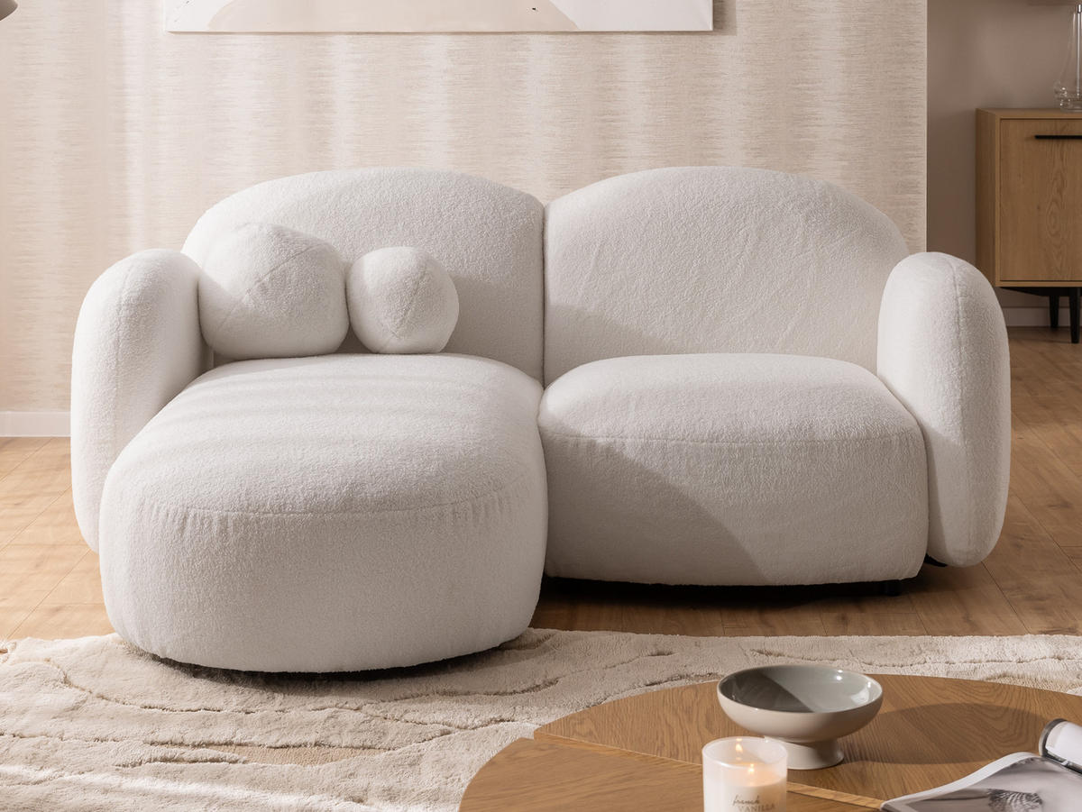 ECKSOFA Nuvola mit abgerundetem Design Weiß Bouclé-Stoff - Ottomane Links - Schwarz/Weiß, Holz/Kunststoff (190/146cm) - S-Style Möbel