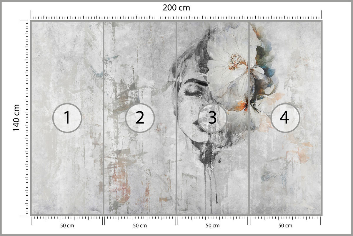 FOTOTAPETE für Schlafzimmer Frau Porträt Blume Beton Abstraktion 200x140 - Blau/Orange, Papier (200/140cm) - Muralo