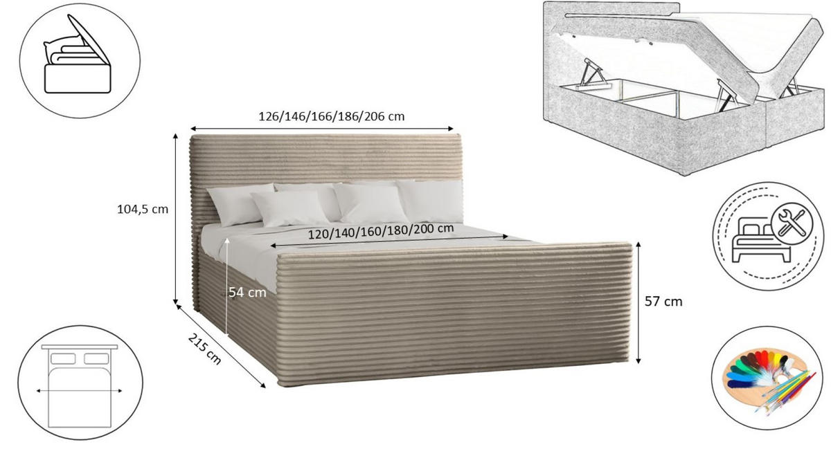 BOXBETT Mit Bettkasten Und Topper TRENTO Stoff Plüsch Cord 200x200 cm Beige H3-Bonell - Beige, Holz/Textil (200/200cm) - Kaiser Möbel
