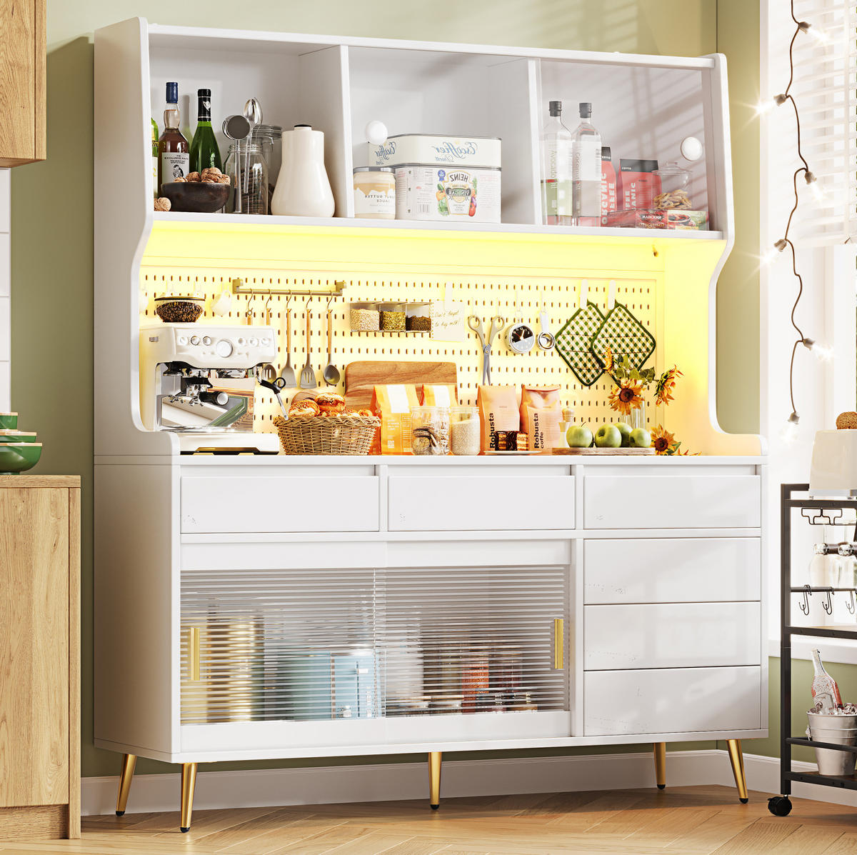 BUFFETSCHRANK 145/39/171 cm mit LED-Beleuchtung, App-Steuerung und Schiebetüren aus MDF und Glas, Weiß - Weiß, Holzwerkstoff (145/171/39cm) - Redom