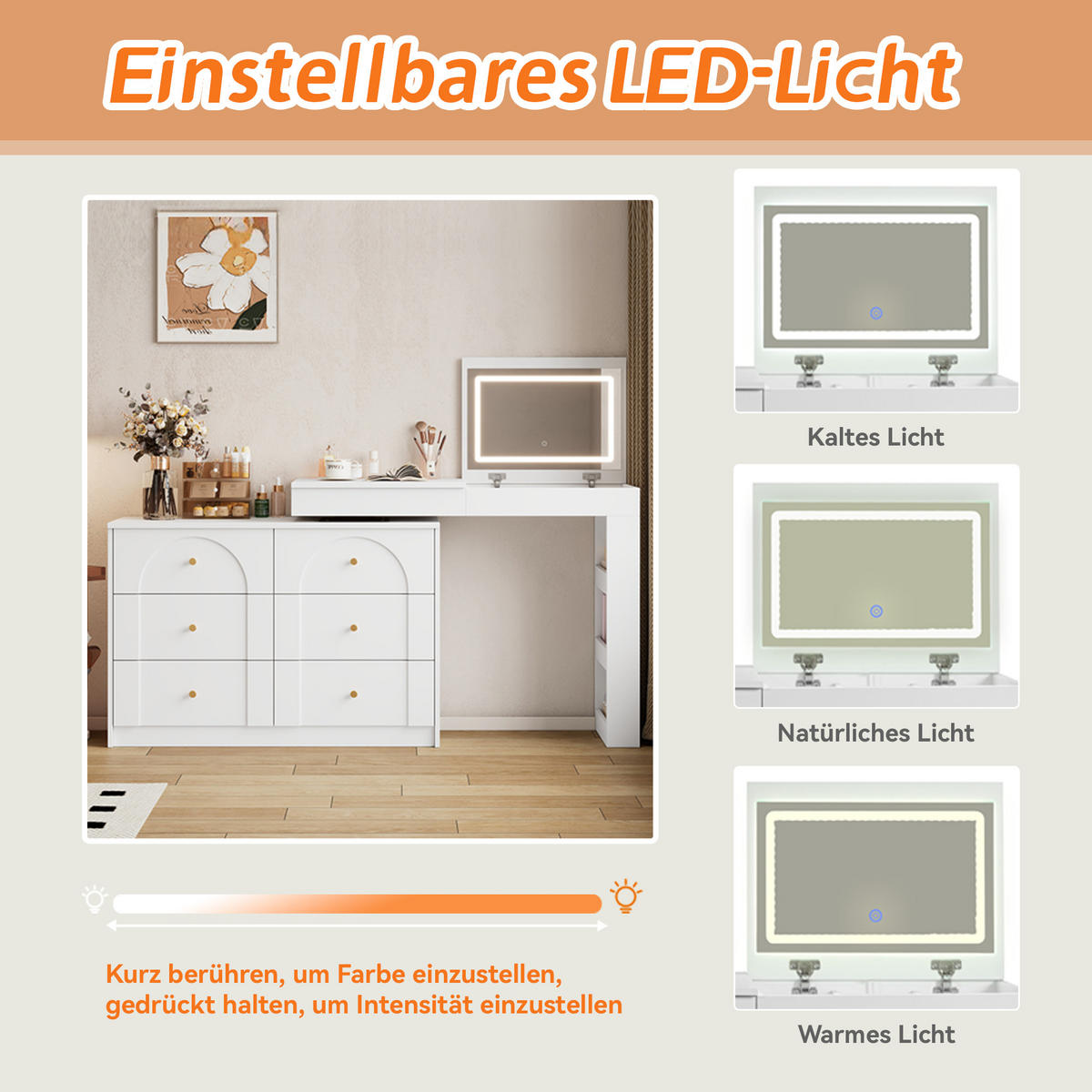 SCHMINKTISCH Weiß LED drehbar 105x40x80cm Frisiertisch Büro - Weiß, Holzwerkstoff (40/80/105cm) - FLIEKS