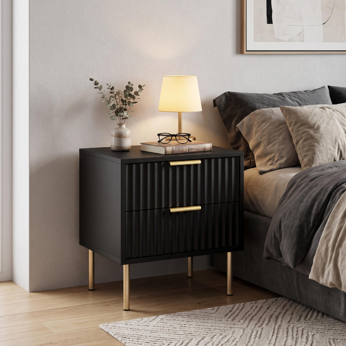 NACHTTISCH 40x39x48 cm Schubladenfront mit Rillenoptik - 2 Schubladen - Goldene Griffe - Schwarz - Schwarz, Holzwerkstoff (39/48/40cm) - DELFA