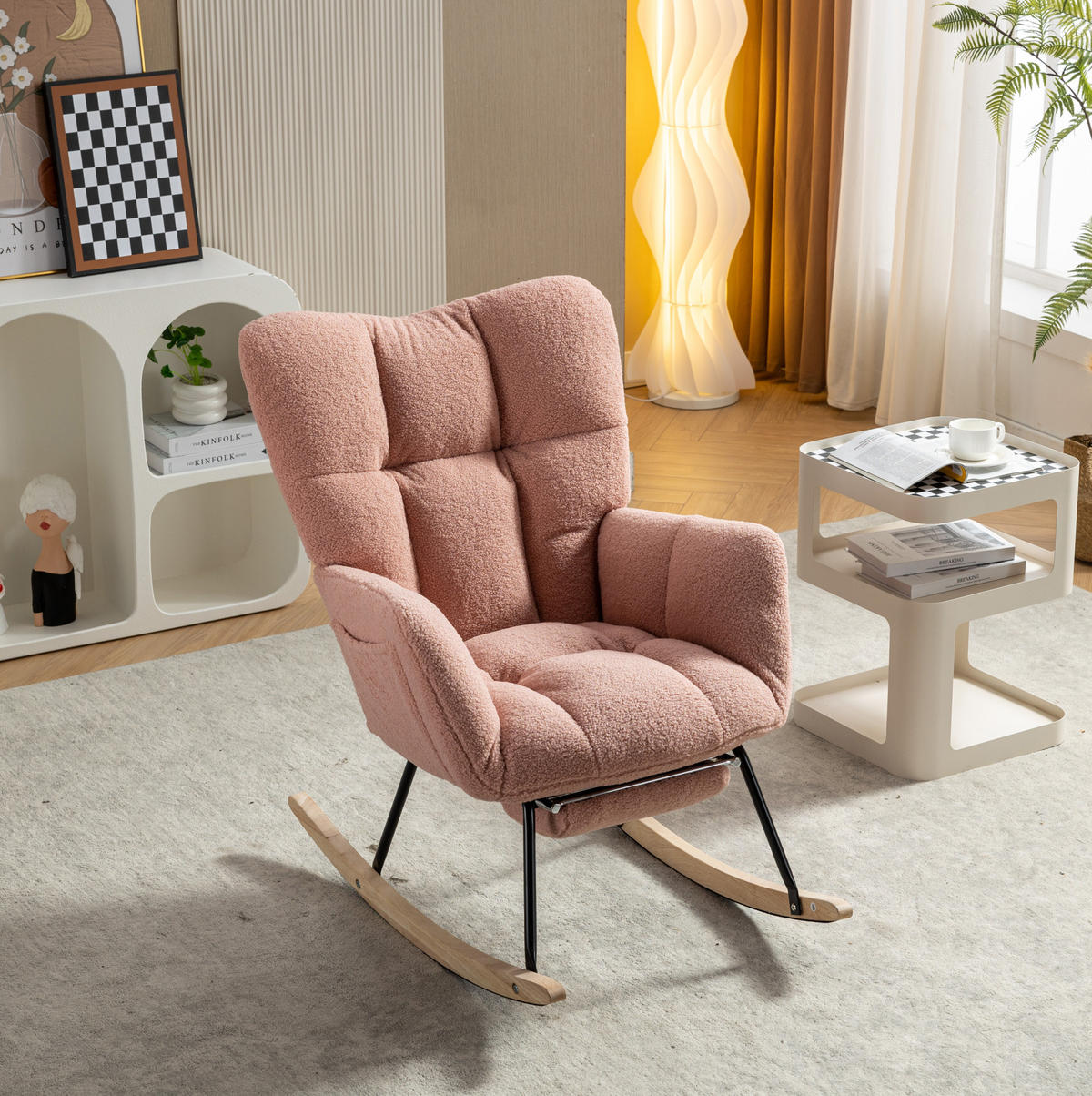 SCHAUKELSTUHL Teddy-Stoff mit klappbarer Fußablage 80/98/98.5 cm Rosa - Rosa, Textil (98/98.5/80cm) - Redom