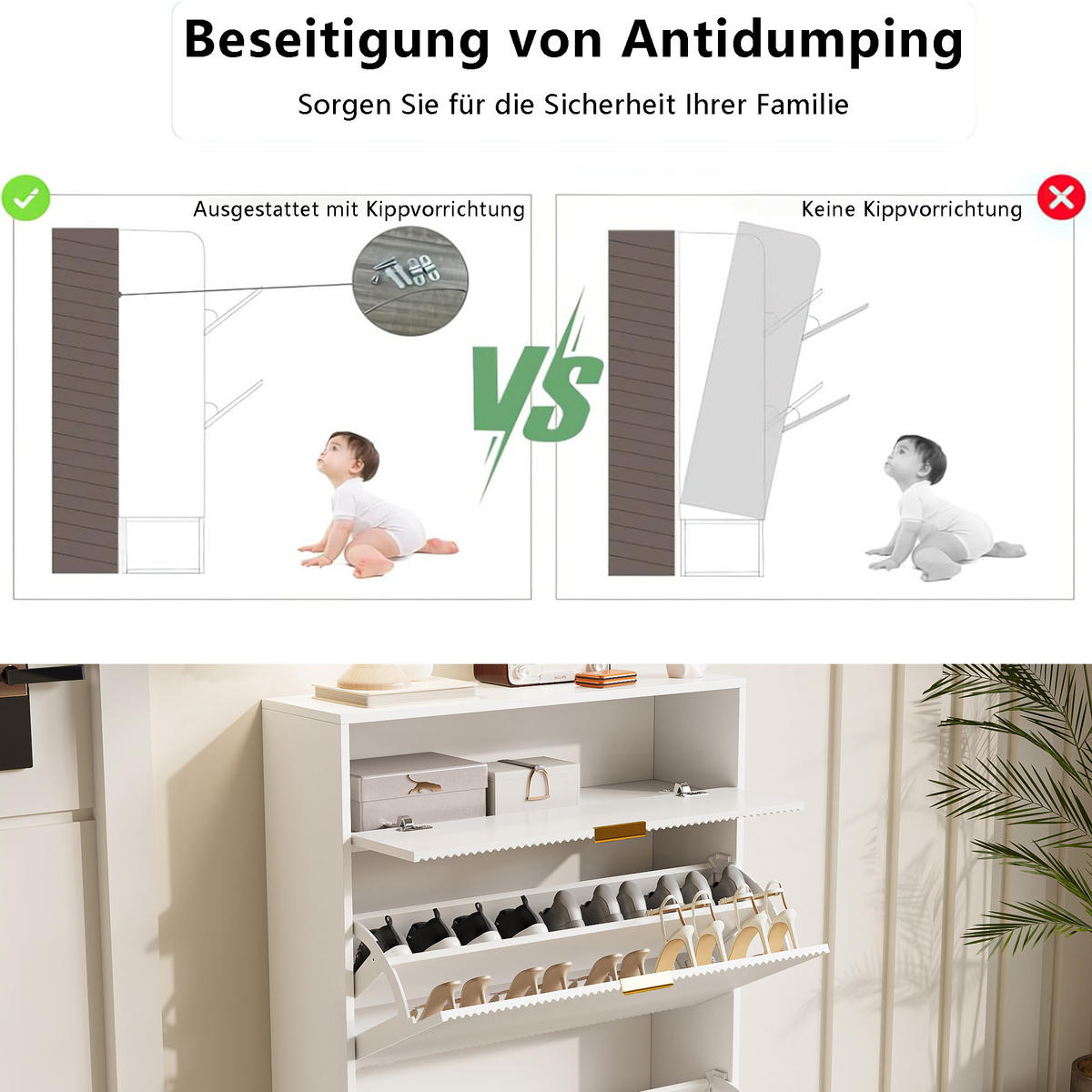 SCHUHSCHRANK mit 3 Türen und goldfarbenen Füßen, Flurschrank, 80 x 24 x 118 cm, weiß - Goldfarben/Weiß, Holzwerkstoff/Metall (24/118/80cm) - GENKI LIVING