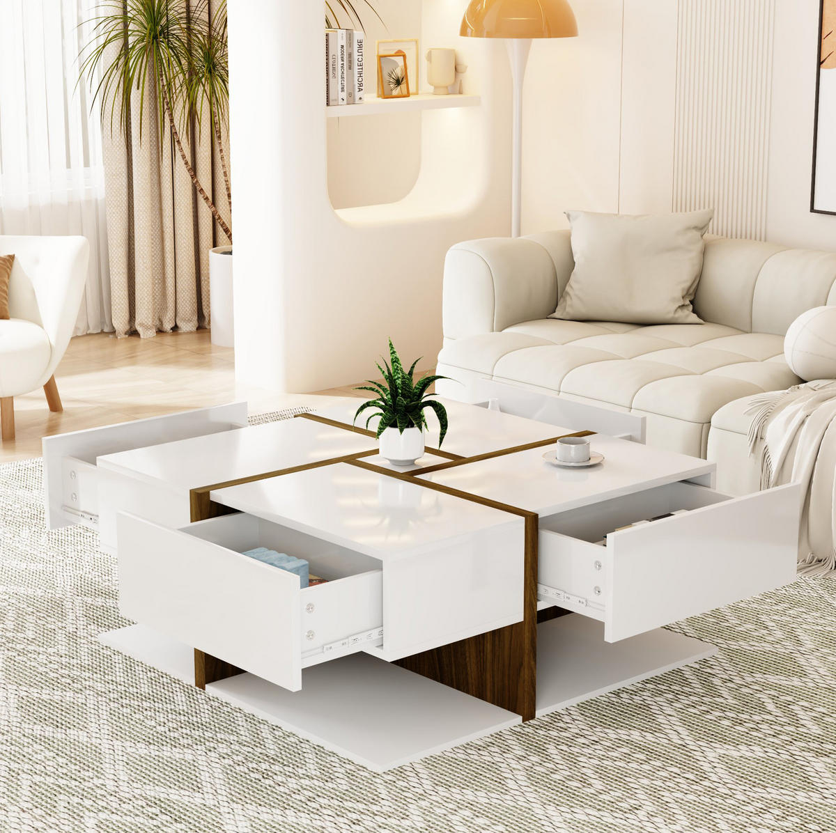 COUCHTISCH mit 4 Schubladen 78 x 78 cm Hochglanz Weiß - Weiß, Holzwerkstoff (78/78/34.8cm) - Meubliv