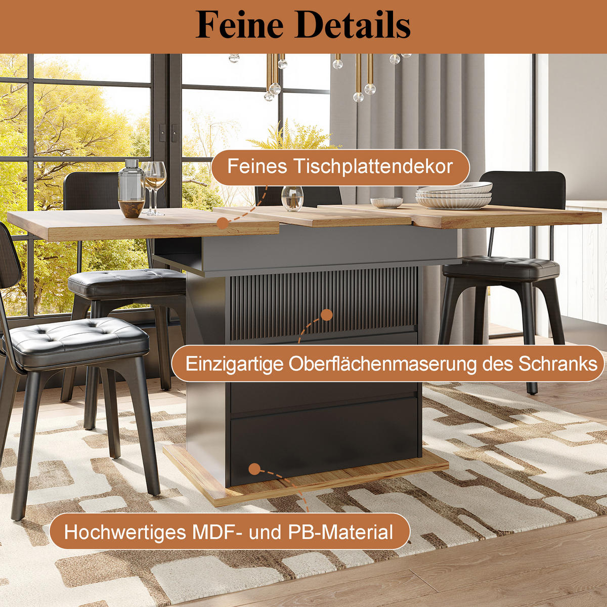 ESSTISCH Ausziehbarer aus MDF mit Stauraum, 110-140/80/75 cm, Schwarz - Schwarz, Holzwerkstoff (110/80/75cm) - Redom