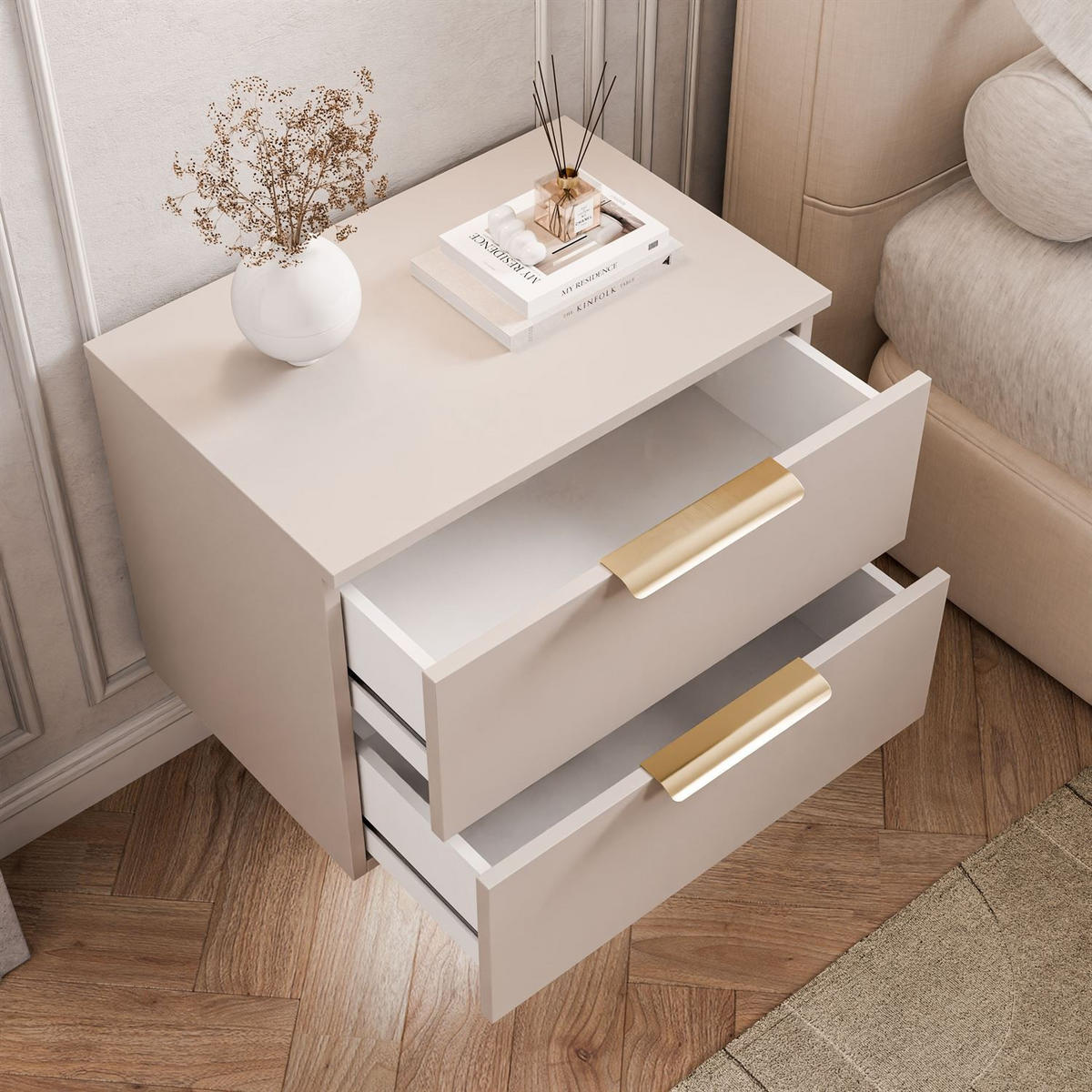 NACHTKOMMODE LINA KASCHMIR 2S LED hängend goldener Chromgriff - Kaschmir, Holzwerkstoff (55/42/37cm) - Lookway