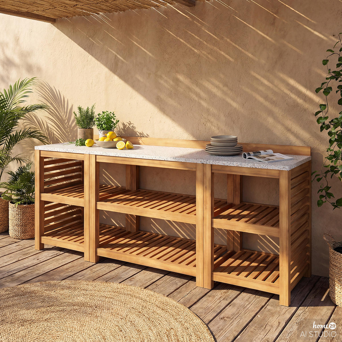 GARTENKÜCHENREGAL - Akazie massiv - Beige - Beige, Holz (90/86/52cm) - home24