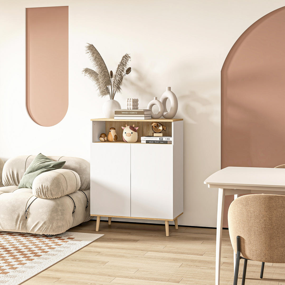 SIDEBOARD Weiß und Eiche-Nachbildung, 2 Türen, 80/38/102 cm - Weiß, Holz (80/102/38cm) - PANGIVO