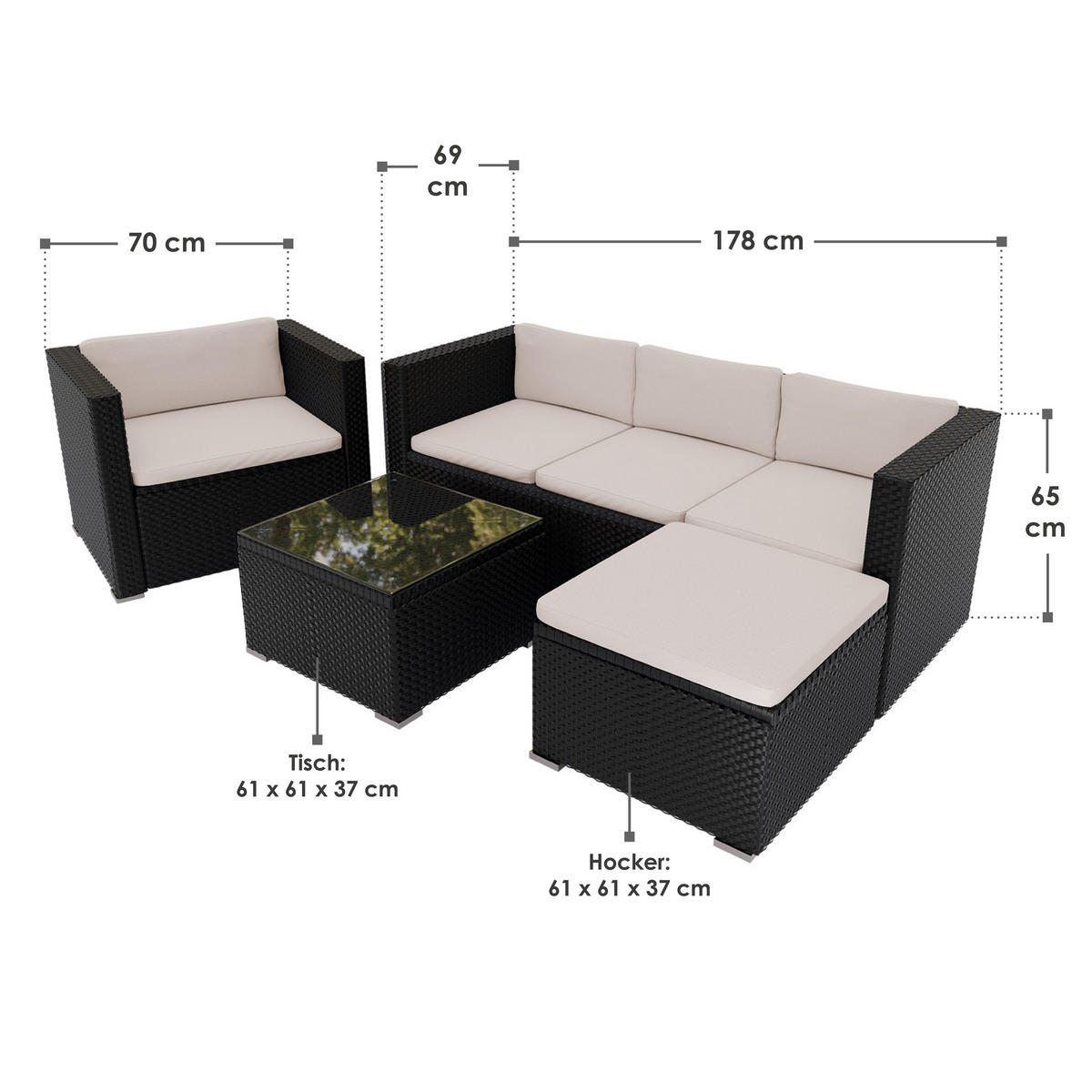 LOUNGEGARNITUR Punta Cana inkl. Abdeckung 4-tlg. - Creme/Schwarz, Kunststoff - Juskys