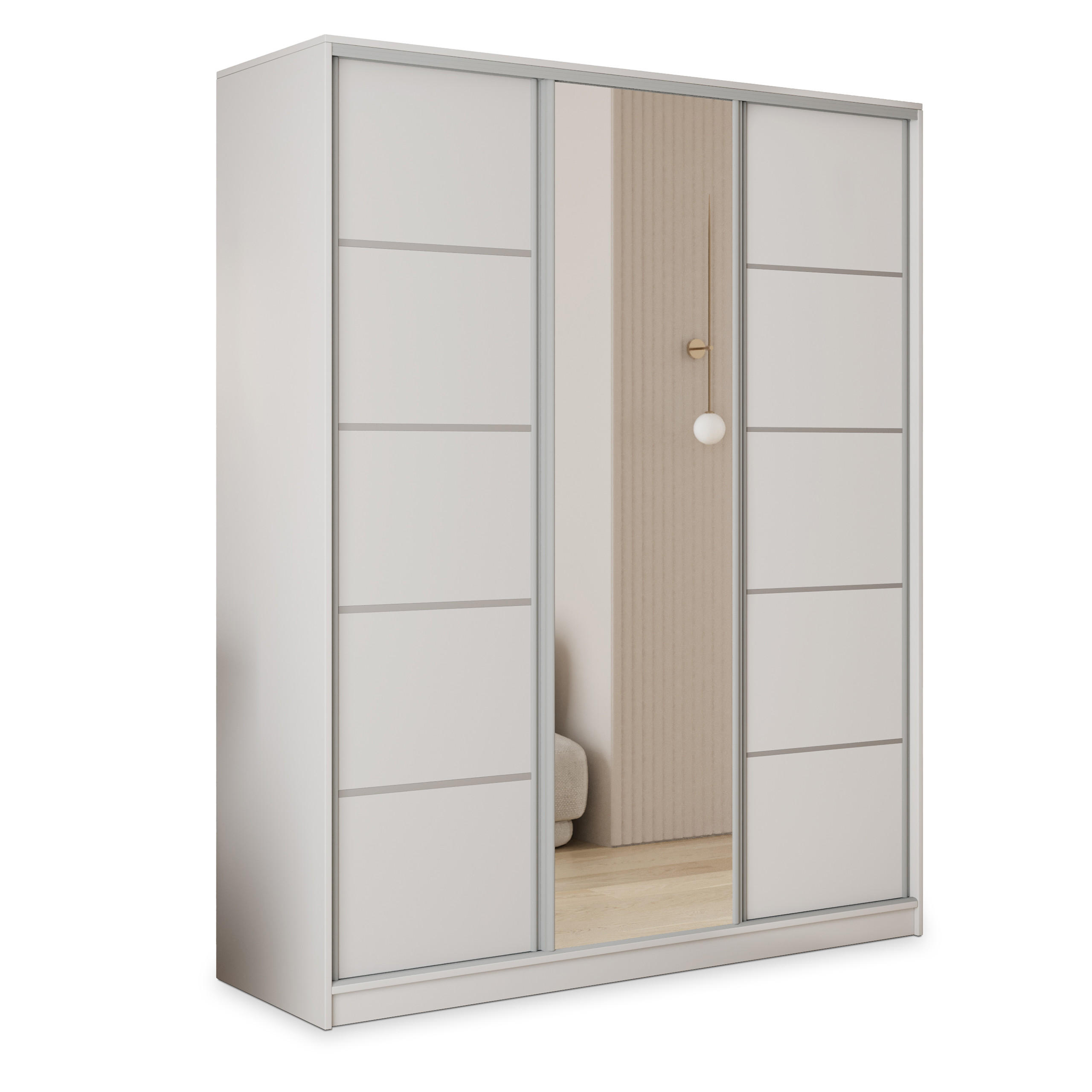 SCHWEBETÜRENSCHRANK PINA 150/205/58 cm 3-türig mit Spiegel und Schubladen Weiß - Silberfarben/Weiß, Holzwerkstoff (150/205/58cm) - MASSENO