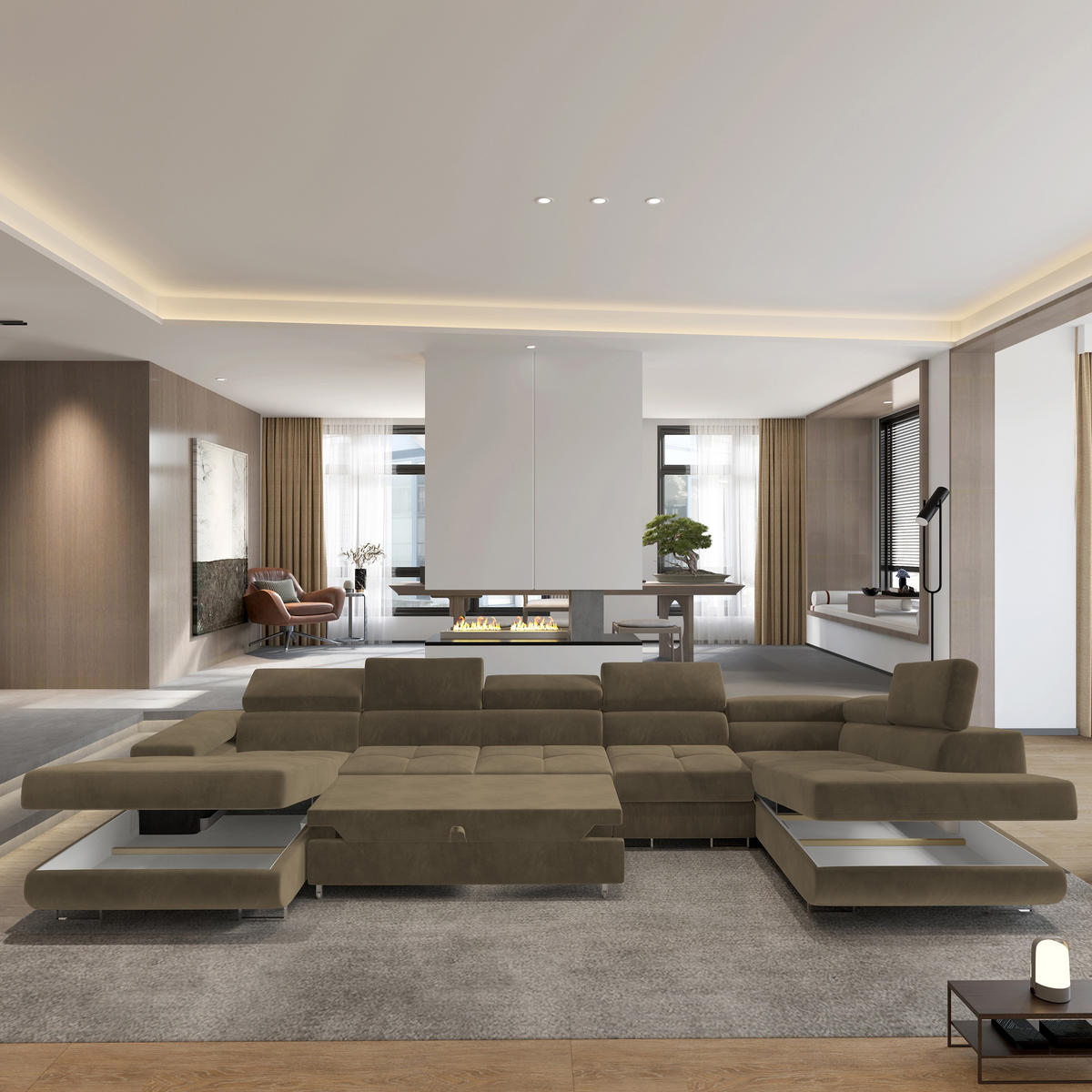 WOHNLANDSCHAFT VELORA R-S Beige Velours-Stoff mit Schlaffunktion - Beige, Holz (419/90/202cm) - MASSENO