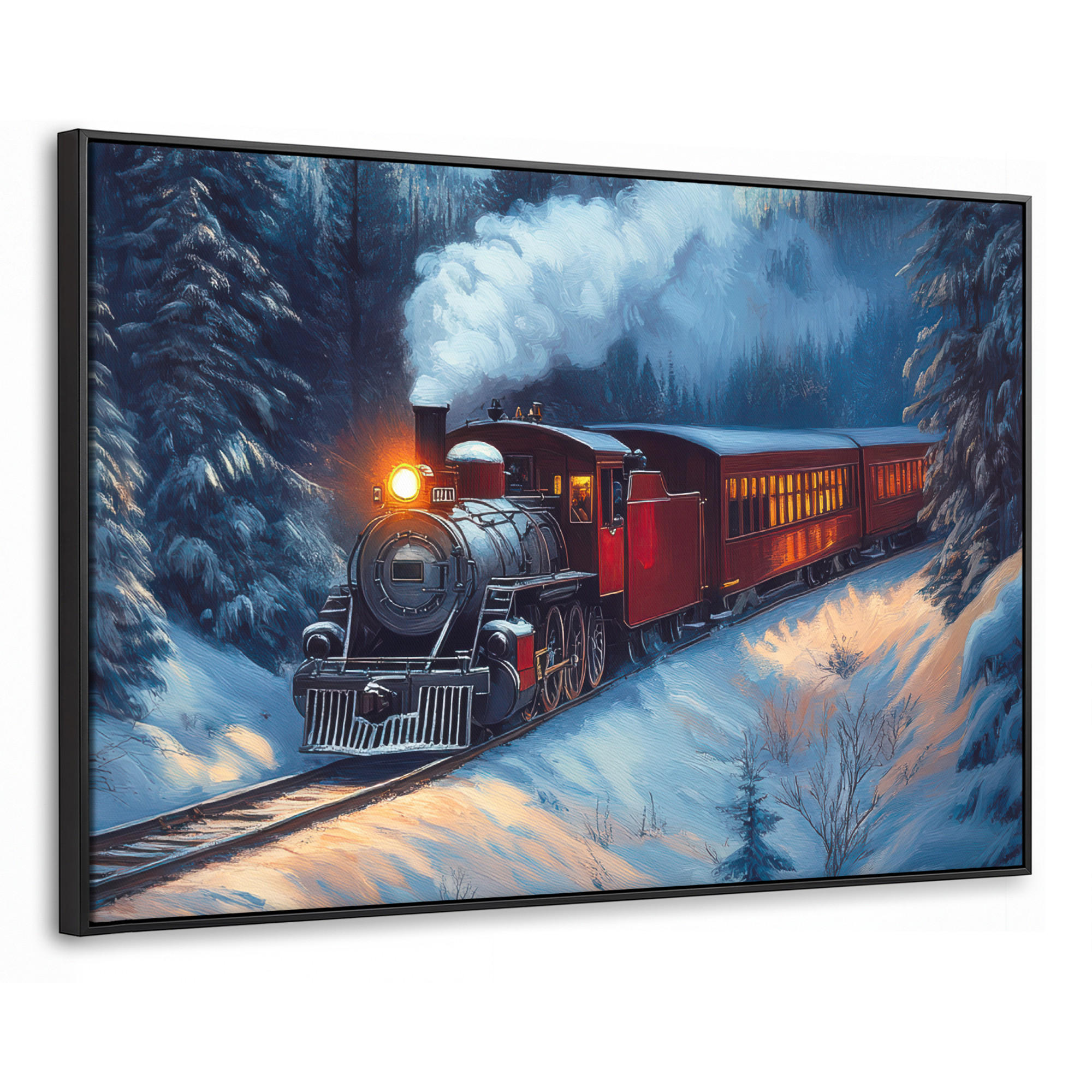 LEINWAND Bilder mit Rahmen - Zug - Weihnachten - Schnee - Weihnachtszug - 140x90 - Anthrazit, Textil (140/90cm) - MuchoWow
