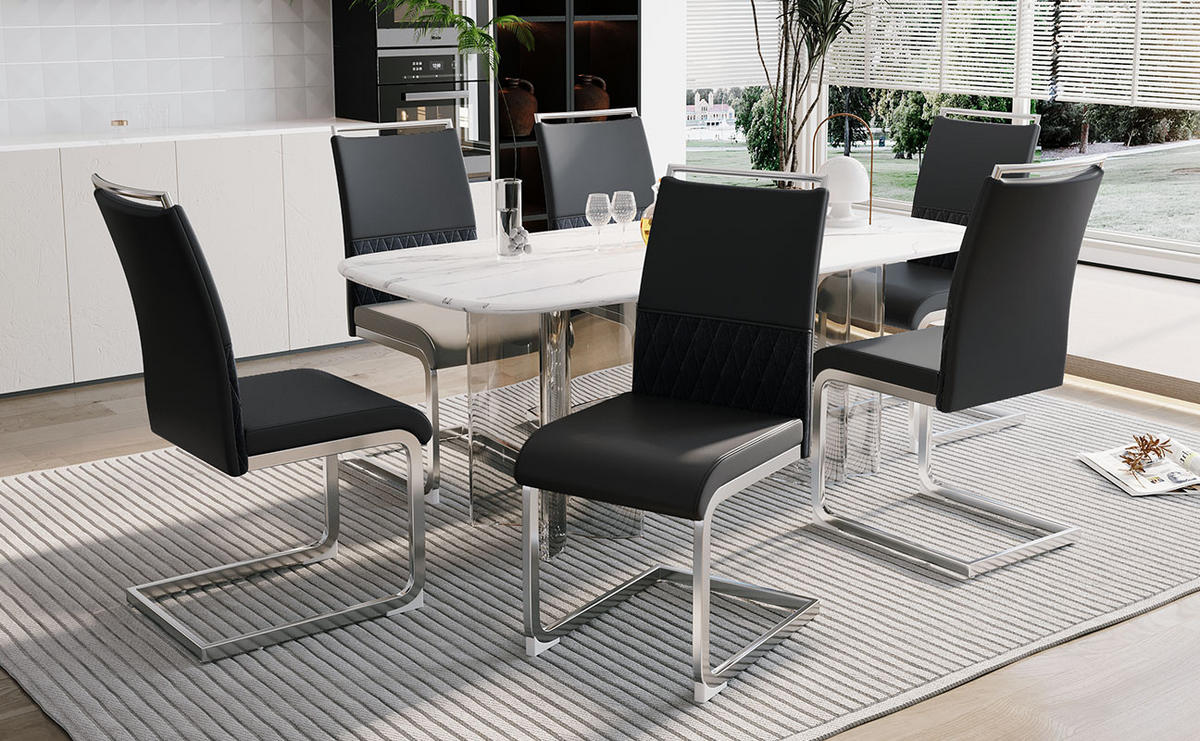 STUHL 6er Set mit ergonomischer Rückenlehne, Kunstleder & Leinen Bezug, 7 cm dicker Sitzpolsterung und Fußpolstern im modernen Design, schwarz - Schwarz, Metall (48/95/42cm) - Luhomfu