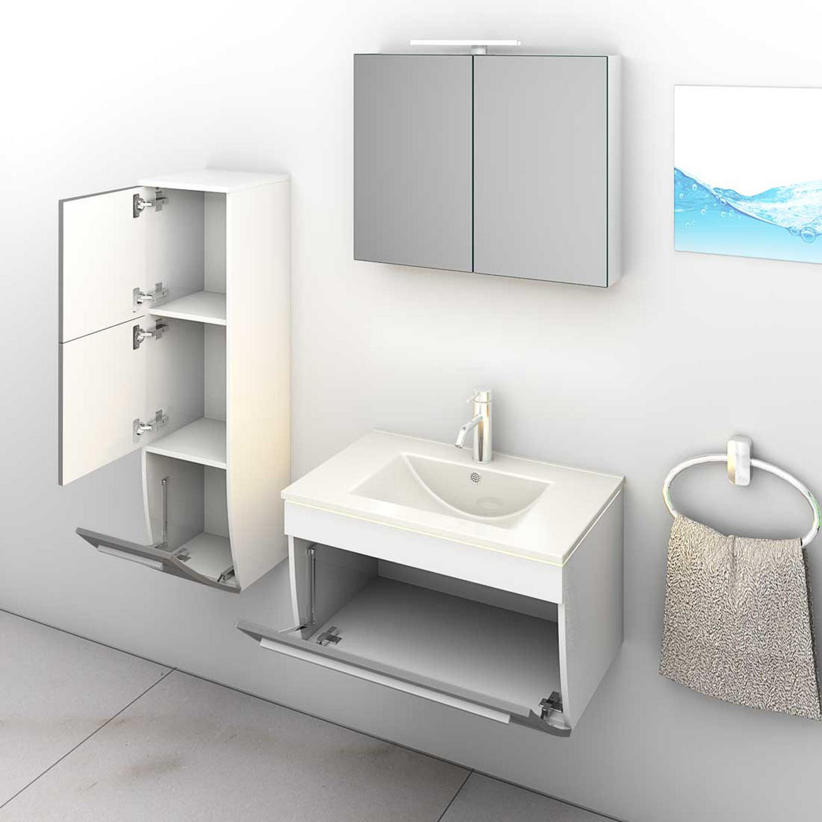 BADMÖBEL Set Gently 3 V2-L Weiß/Grau Badezimmermöbel Badspiegel Waschtisch 70 cm mit 1x 5W LED / Energiebox - Grau, Glas/Kunststoff (46/40/70cm) - AcquaVapore by Sandra Jentho