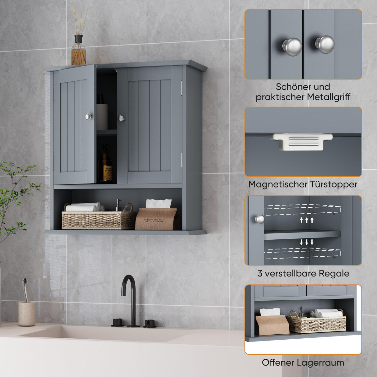 KÜCHENOBERSCHRANK 54.6x19.8x60 cm Hellgrau aus Holzwerkstoff mit 5 verstellbaren Regalen - Hellgrau, Holzwerkstoff (54.6/60/19.8cm) - Modfu