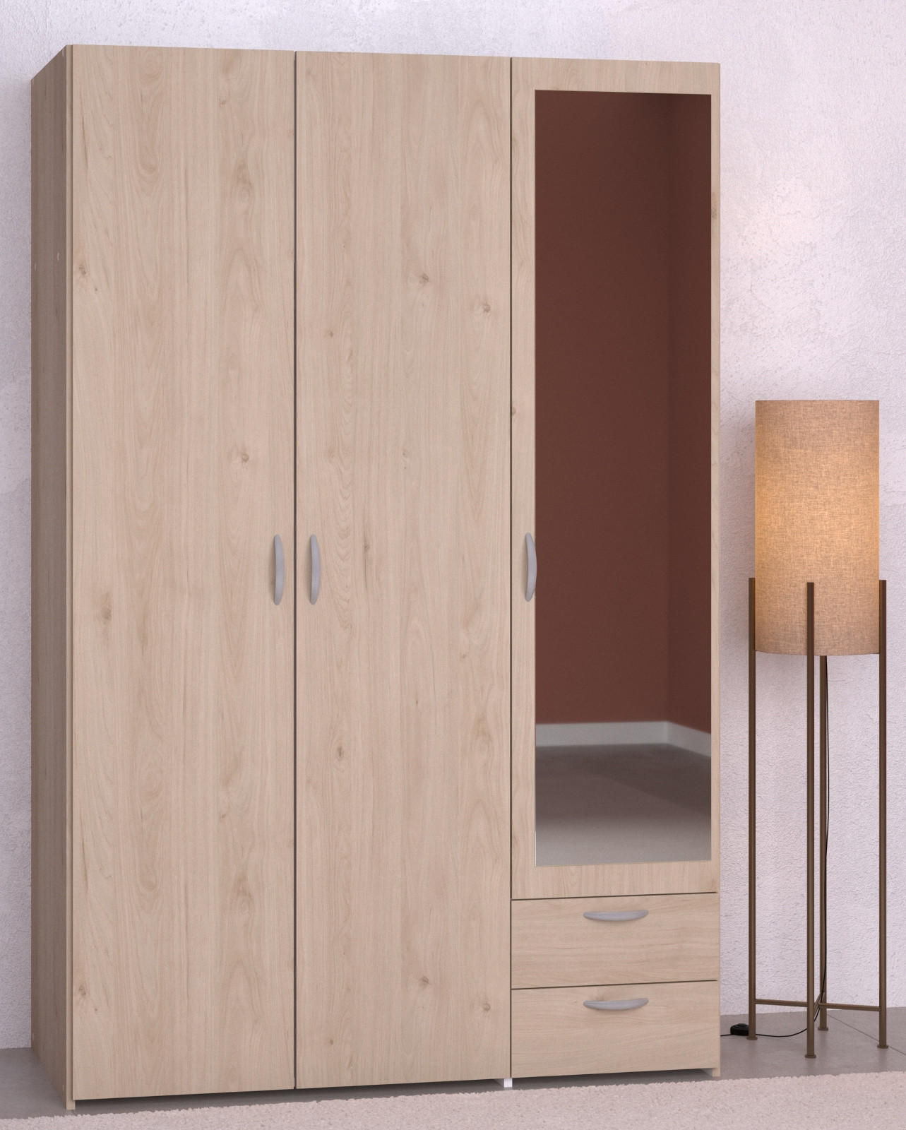KLEIDERSCHRANK mit Spiegel Eiche 120cm 3-türig Drehtürenschrank - Eichefarben/Silberfarben, Holzwerkstoff/Kunststoff (120/185/51cm) - Furn.Design