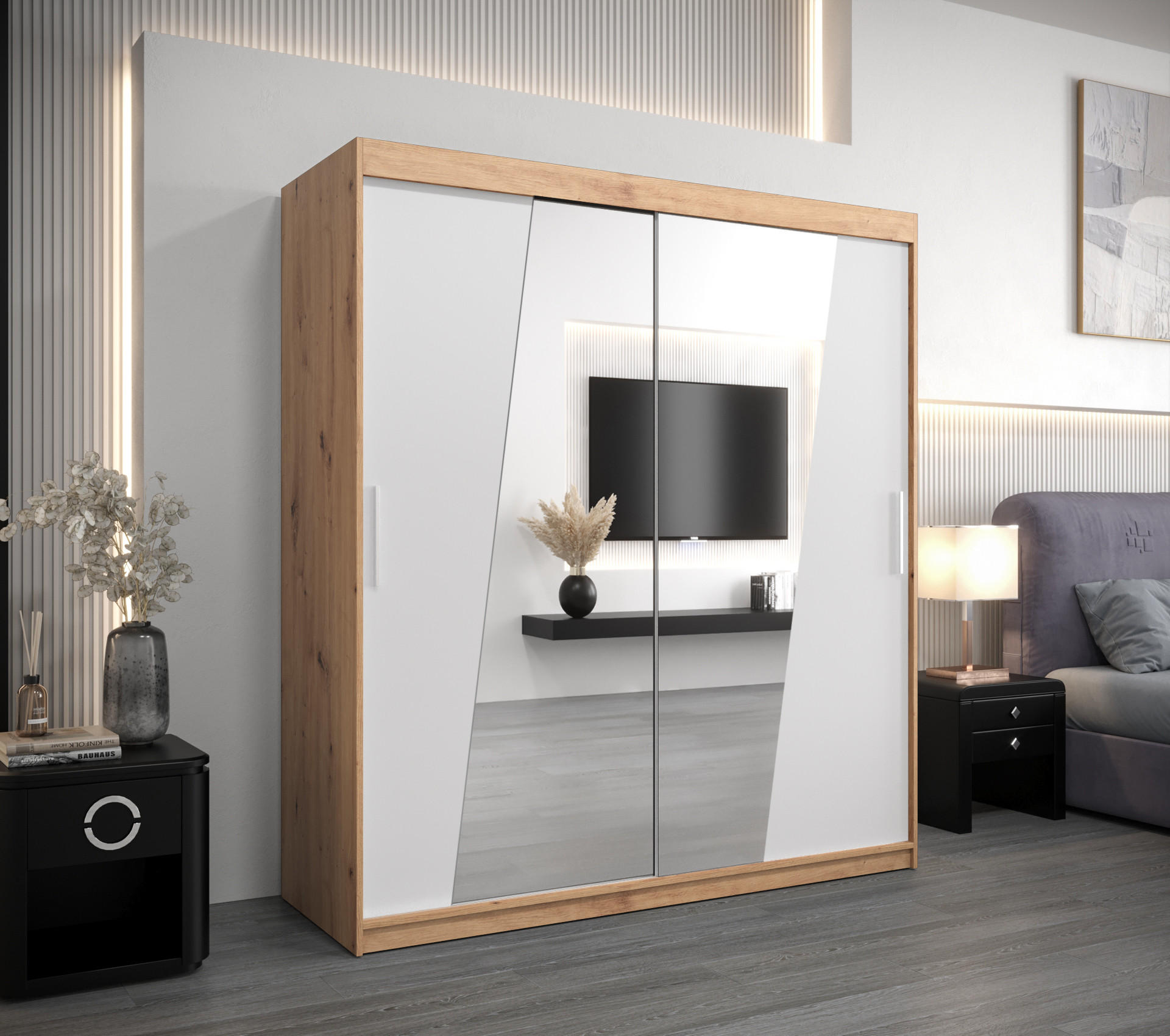 SCHWEBETÜRENSCHRANK 200/180/62 2-türig - Silberfarben/Weiß, Holz/Kunststoff (180/200/62cm) - Abiks Möbel