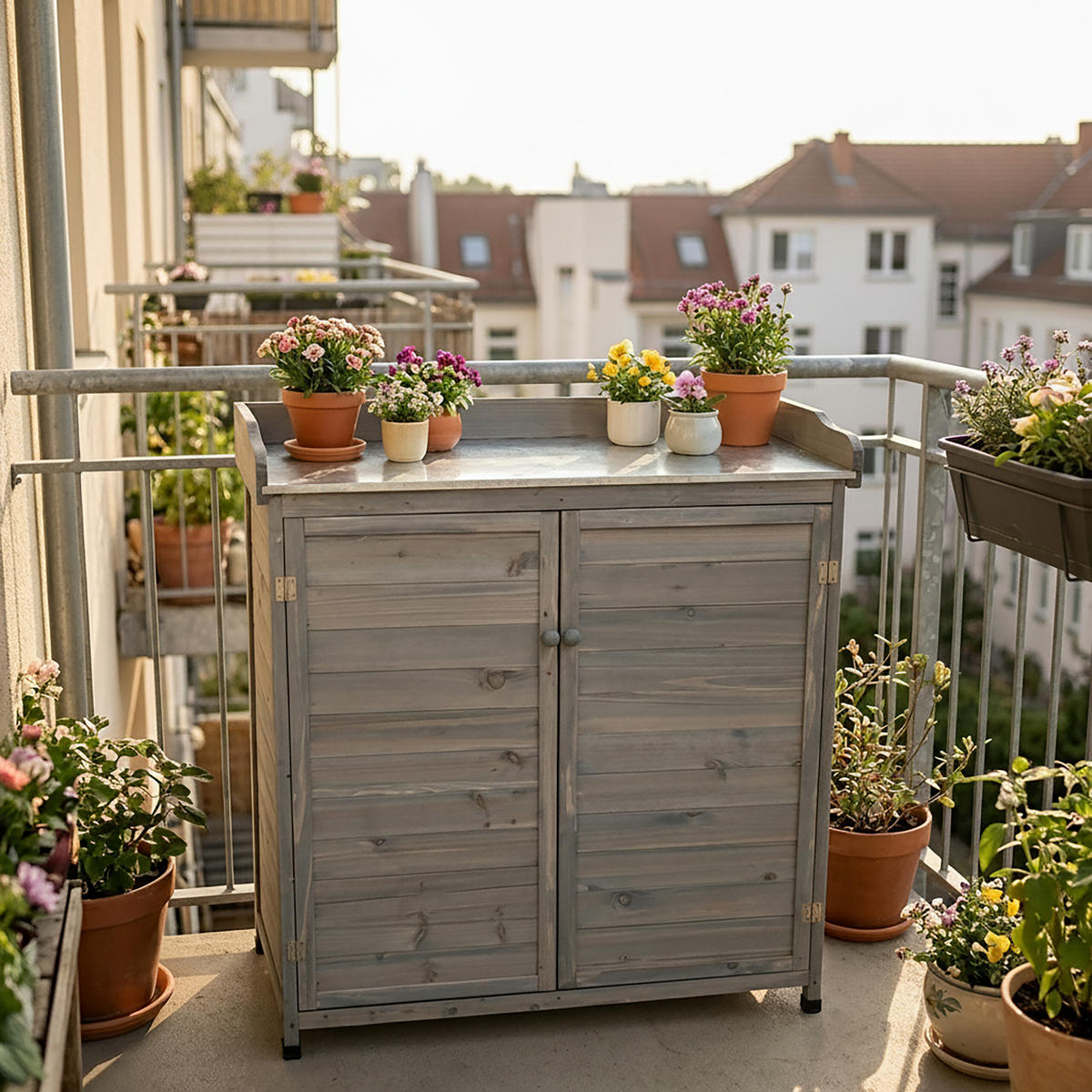 STŮL Šedý s pozinkovanou pracovní deskou a skříňkou - šedá, kov/dřevo (45/94.5/106cm) - Relaxdays