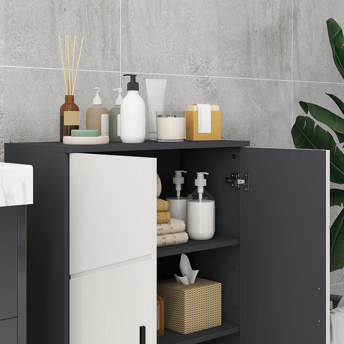 BADEZIMMERSCHRANK Beistellschrank mit Doppeltür 60 x 30 x 82 cm Grau - Grau, Holzwerkstoff (60/82/30cm) - Kleankin