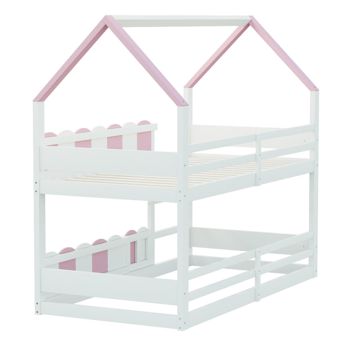ETAGENBETT Kinder 90/200 cm Hausdesign mit Sicherheitsgeländern in Rosa und Weiß - Pink, Holz (90/200cm) - OKWISH