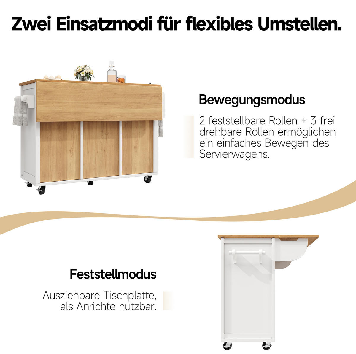 KÜCHENINSEL 137,9/73/92,5 cm mit Klapptisch, Rollen und 4 Schubladen, Weiß - Weiß, Holzwerkstoff (137.9/92.5/73cm) - Redom