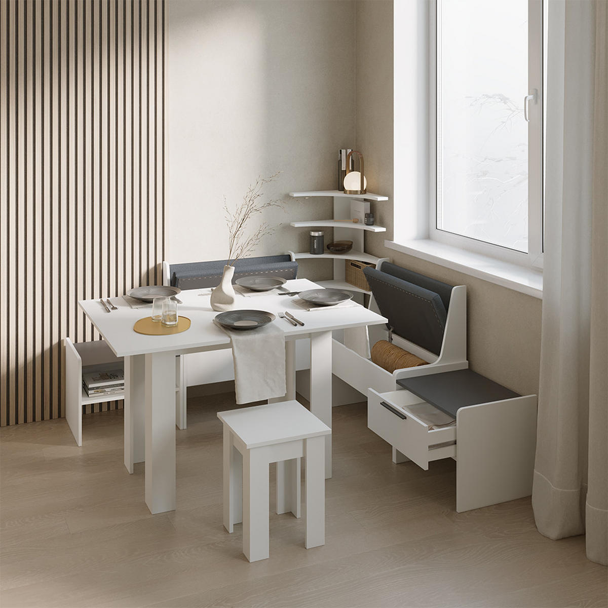 ECKBANKGRUPPE Tiberio Weiß 120 x 120 cm Ohne Tisch - Weiß, Holzwerkstoff (120/120cm) - Livinity®
