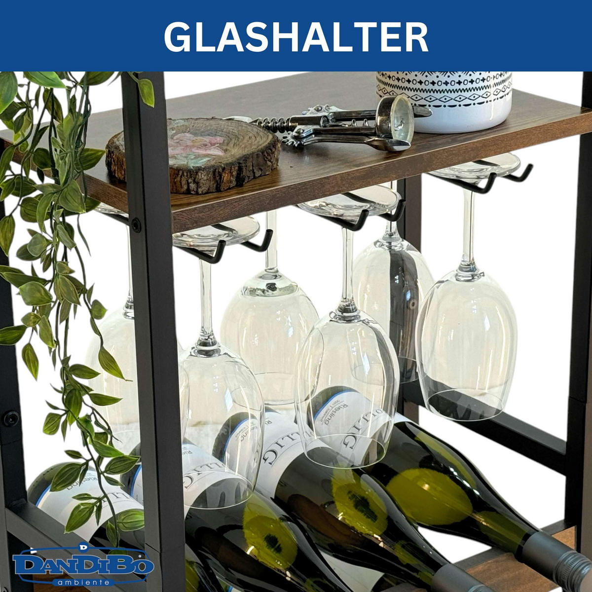 WEINREGAL 16-Flaschen mit Glashalter Metall/Holz Schwarz 41,5/24/100 cm - Schwarz, Metall (41.5/100/24cm) - DanDiBo