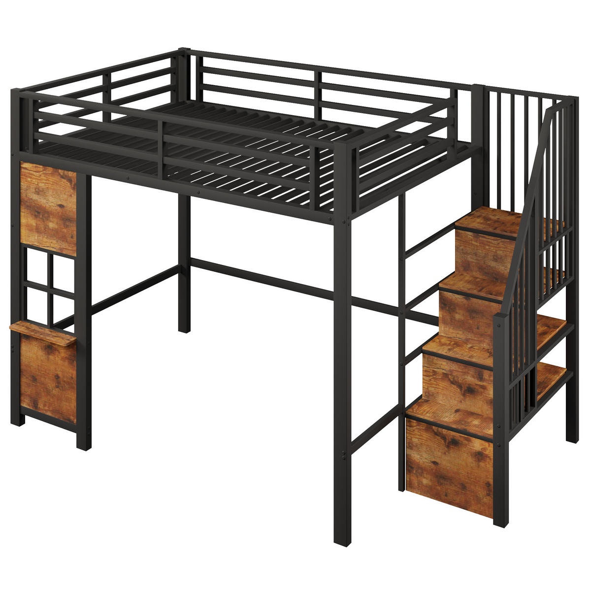 HOCHBETT 140/200 cm Schwarz mit Stauraumtreppe und offener Stauraum - Schwarz, Metall (140/200cm) - Oxeza