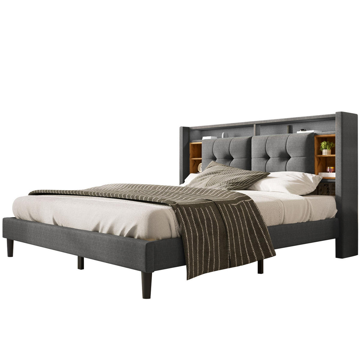 POLSTERBETT aus Massivholz 140x200 cm in Grau mit LED & USB-Ladestation - Grau, Holz (140/200cm) - Modfu