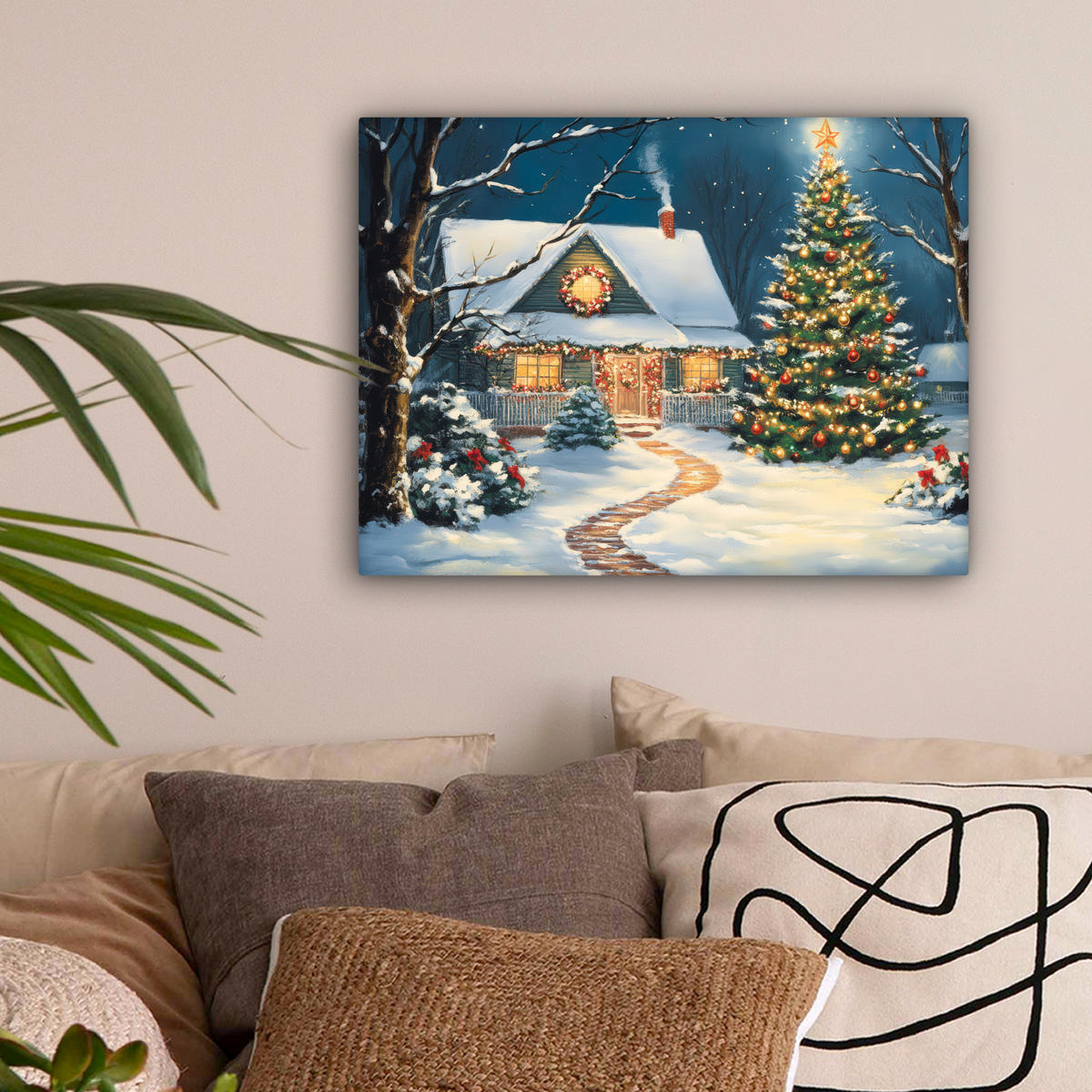 LEINWANDBILD Weihnachten - Weihnachtsbaum - Winter - Zuhause - Schnee 40x30 cm - Smaragdgrün, Textil (40/30cm) - MuchoWow