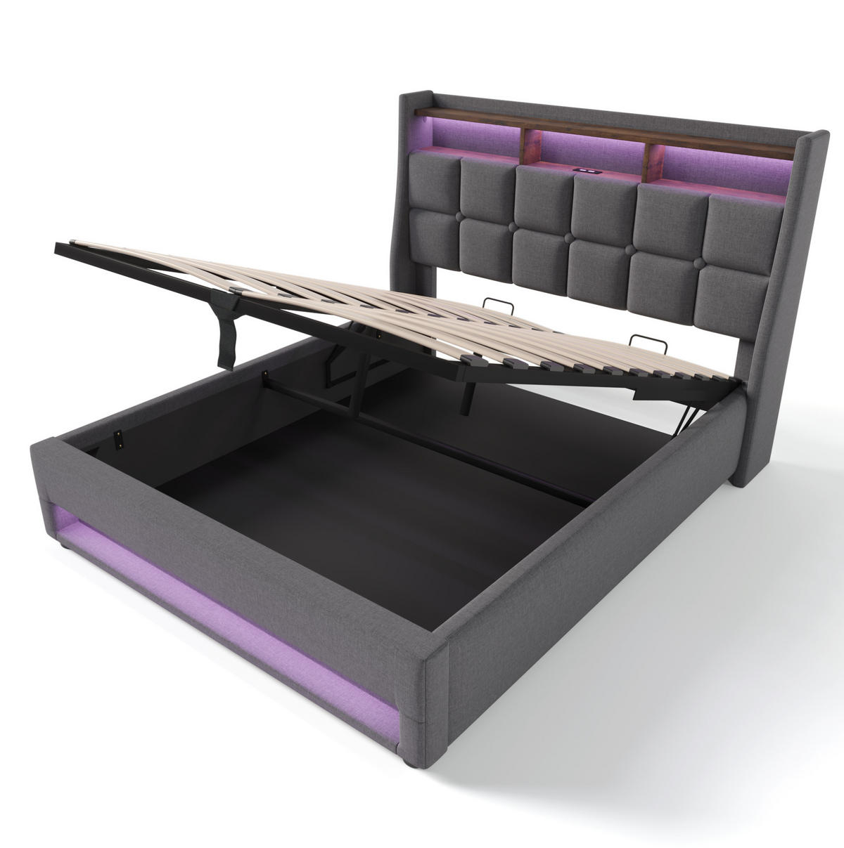 POLSTERBETT 160/200 cm Grau aus Leinen mit LED und USB - Grau, Textil (160/200cm) - OKMYHOME